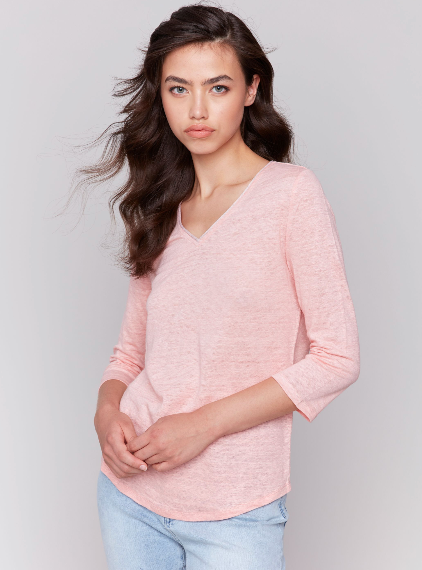 Charlie B Womens 3/4 Sleeve V-Neck Top