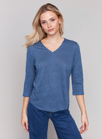 Charlie B Womens 3/4 Sleeve V-Neck Top