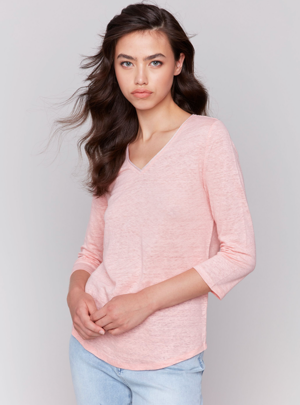 Charlie B Womens 3/4 Sleeve V-Neck Top