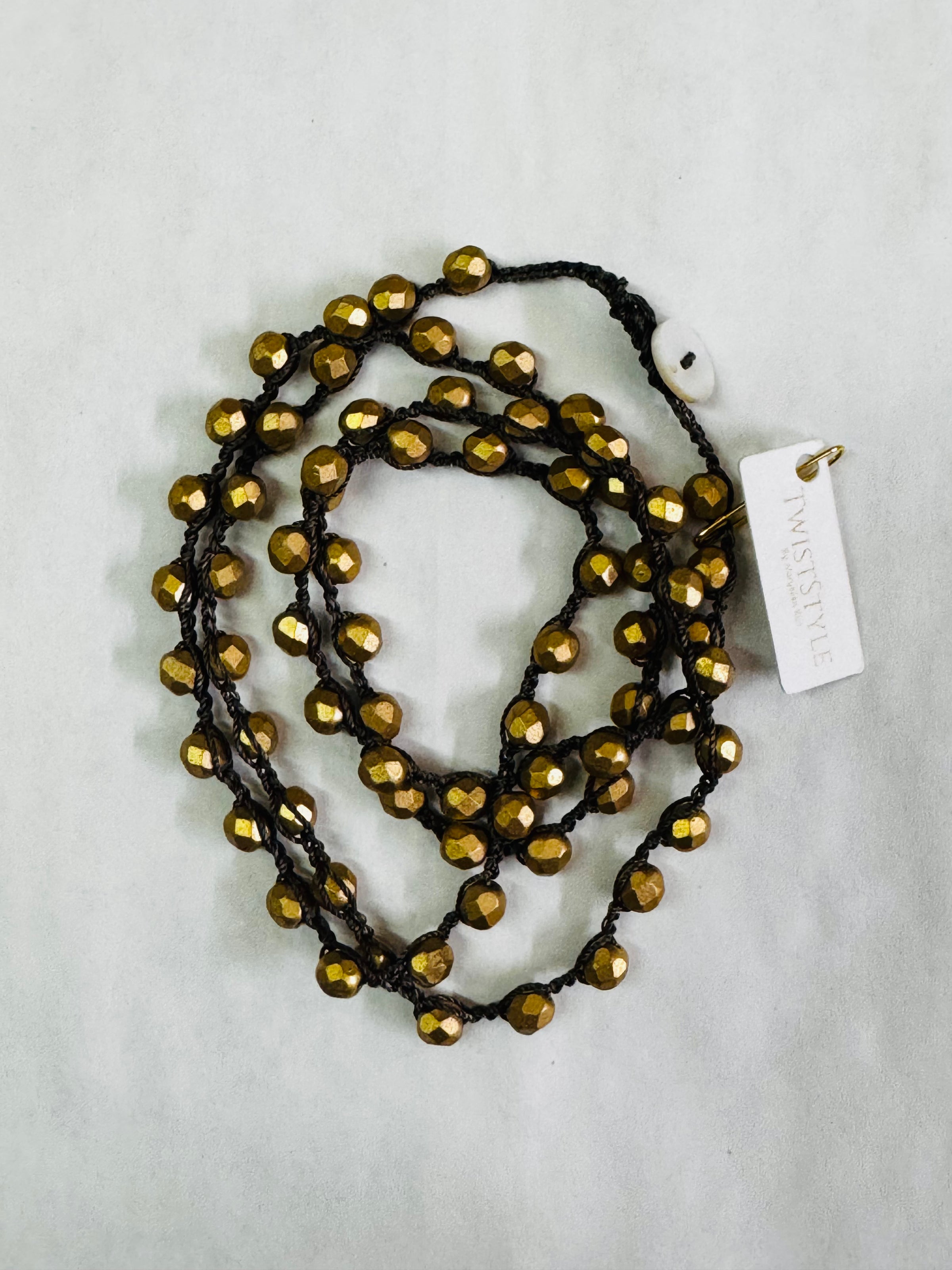 Twist Style Satin Gold Crystal Long Strand Necklace