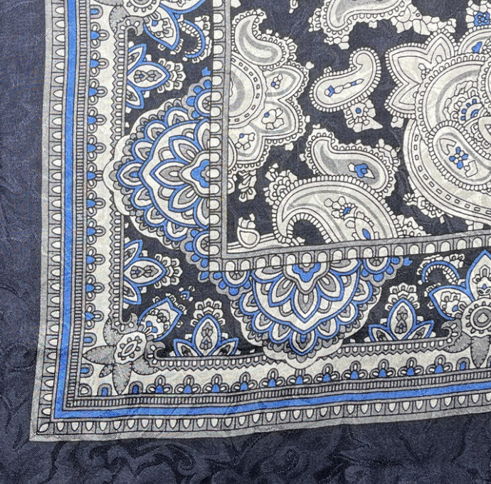 Wyoming Traders Paisley Silver Cobalt Silk Scarf