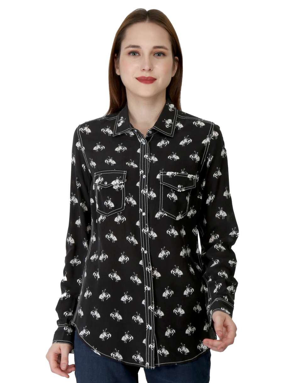 RRR Womens Black/White Western Yoke 2 Pocket Horse Print Shirt