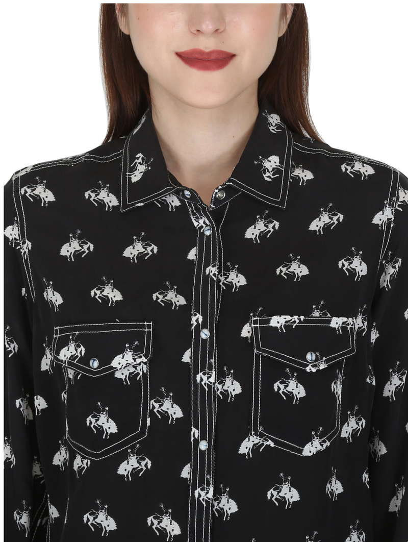 RRR Womens Black/White Western Yoke 2 Pocket Horse Print Shirt