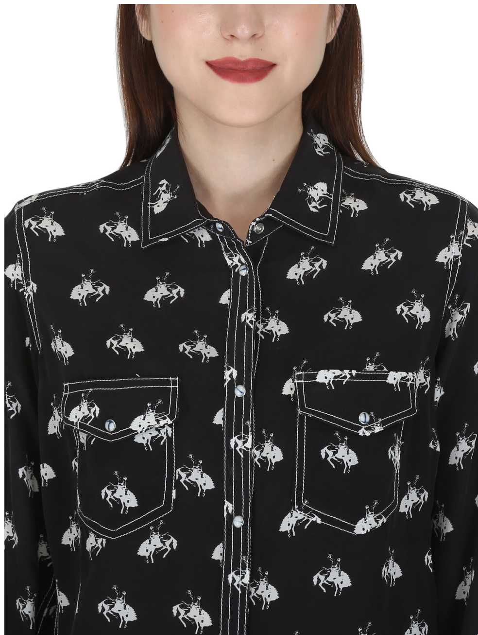 RRR Womens Black/White Western Yoke 2 Pocket Horse Print Shirt - Bob's Outdoor