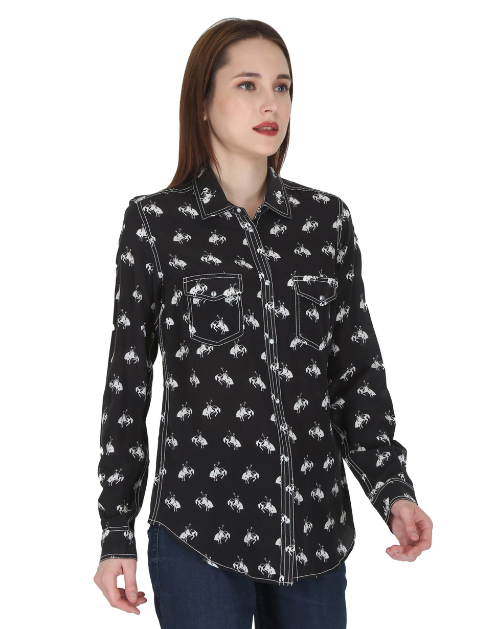 RRR Womens Black/White Western Yoke 2 Pocket Horse Print Shirt - Bob's Outdoor