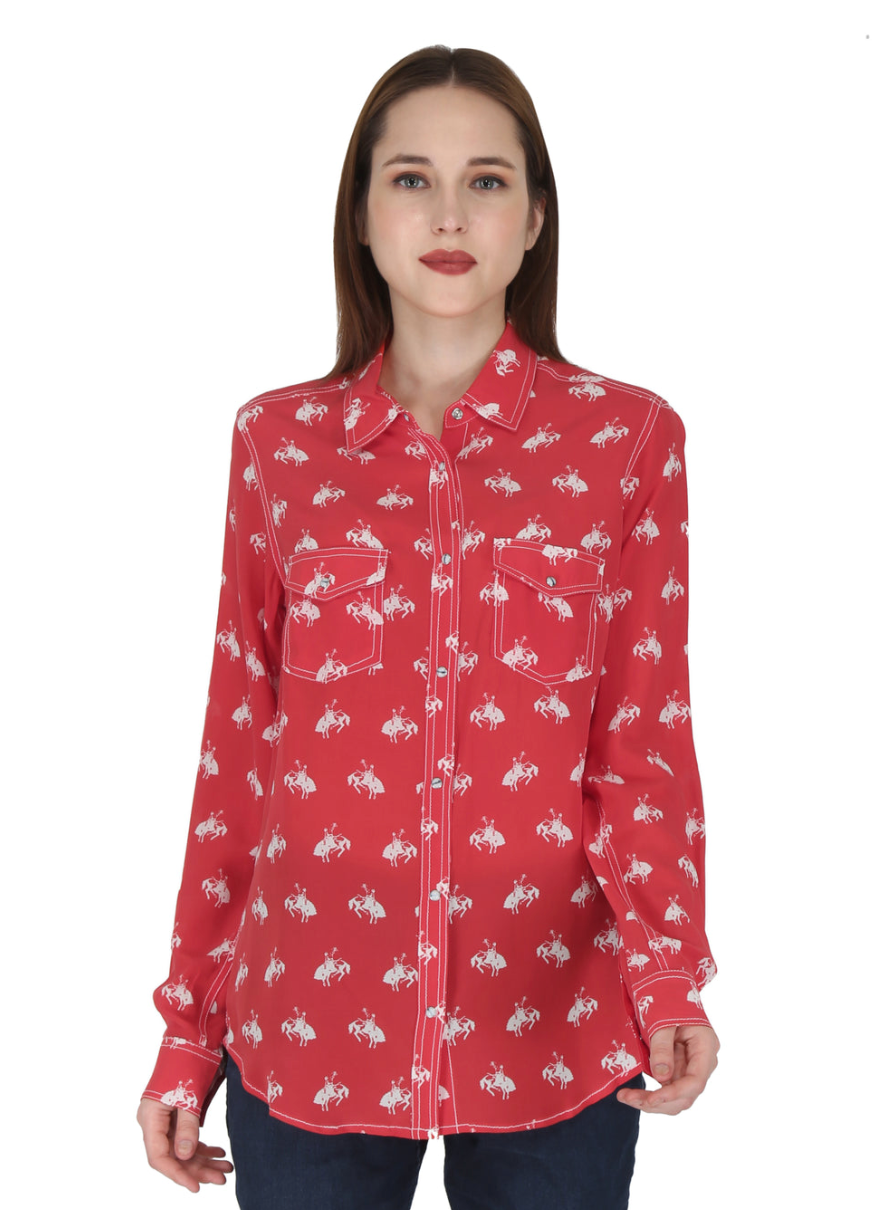 RRR Womens Red/White Western Yoke 2 Pocket Horse Print Shirt