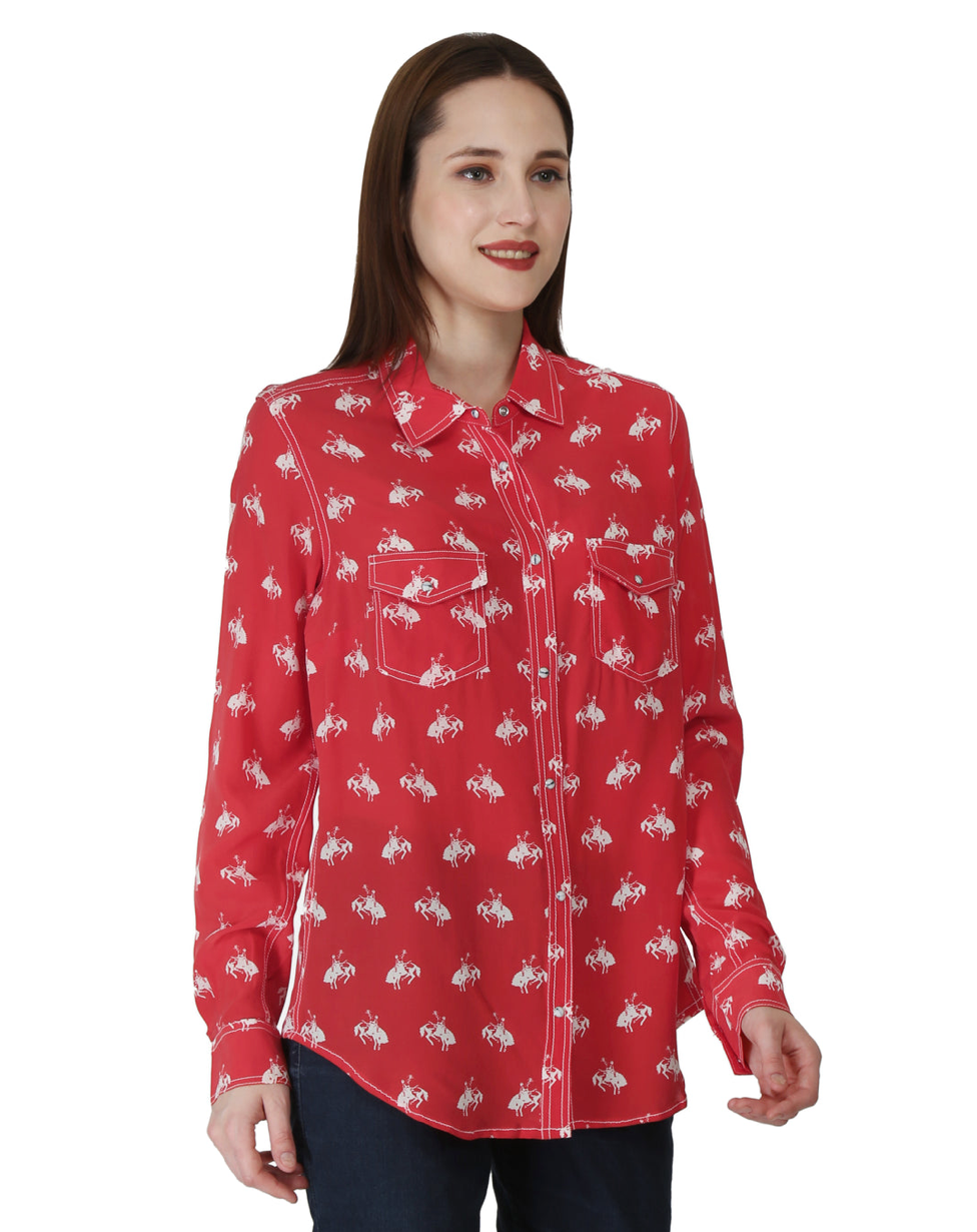 RRR Womens Red/White Western Yoke 2 Pocket Horse Print Shirt - Bob's Outdoor