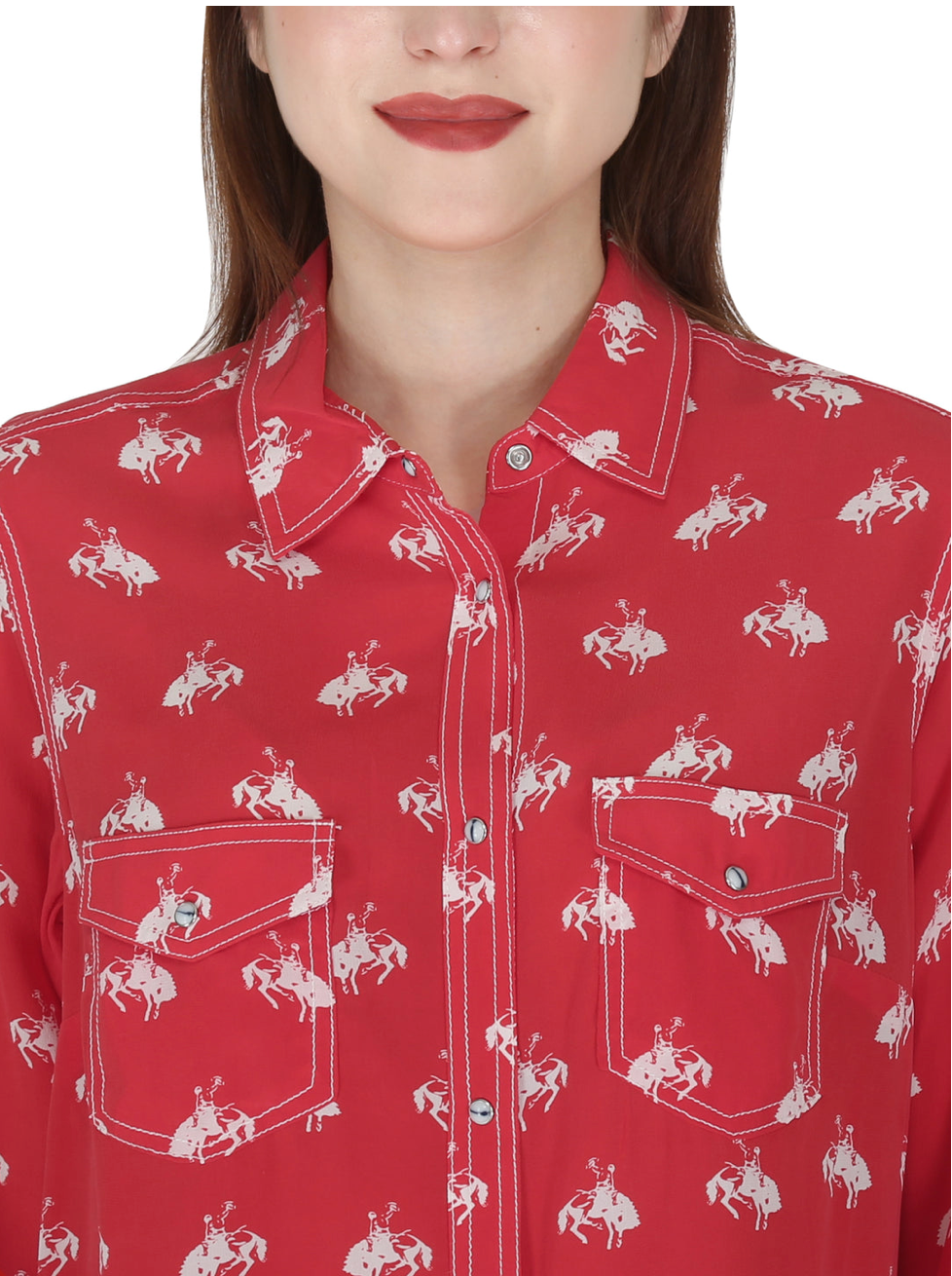 RRR Womens Red/White Western Yoke 2 Pocket Horse Print Shirt - Bob's Outdoor