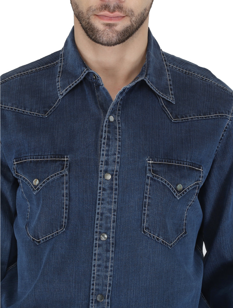 RRR Mens Dark Denim Western 2 Pocket Embroidered Back Shirt