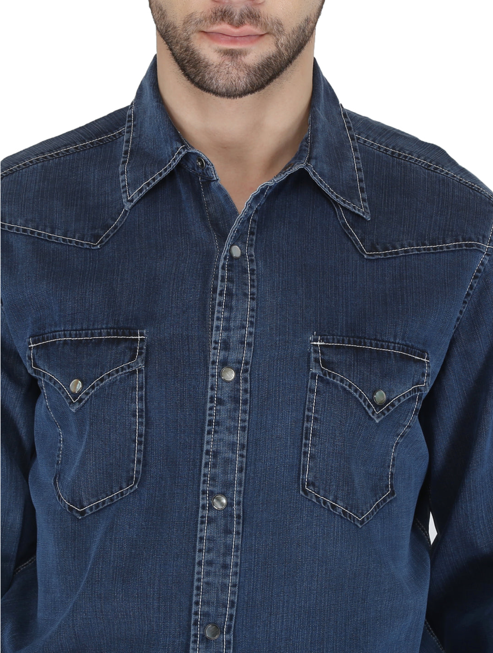 RRR Mens Dark Denim Western 2 Pocket Embroidered Back Shirt