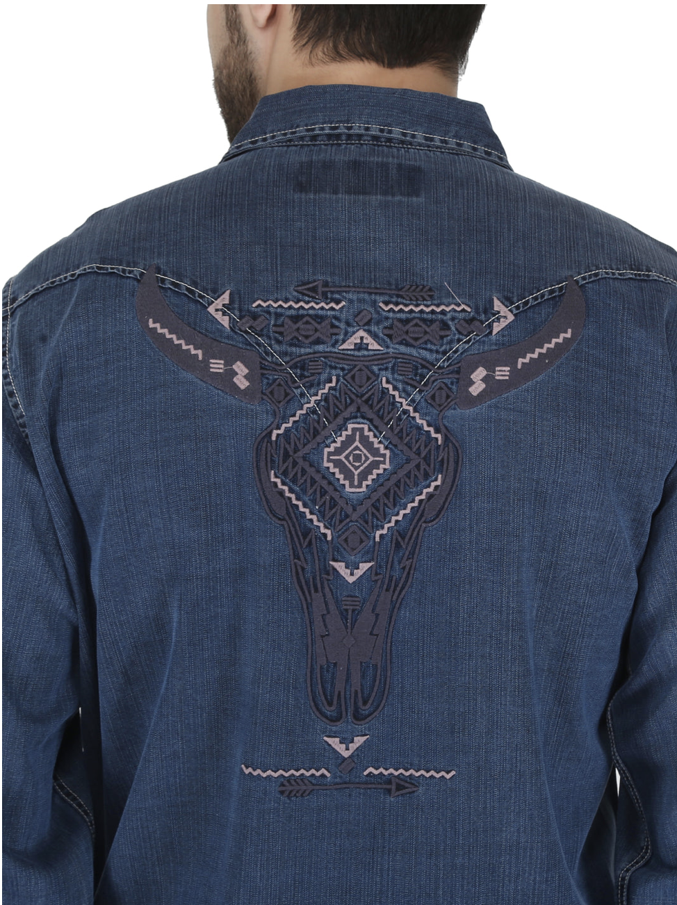 RRR Mens Dark Denim Western 2 Pocket Embroidered Back Shirt