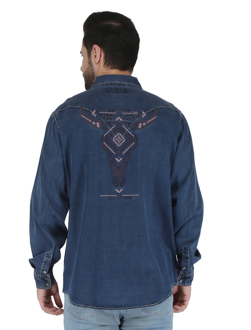 RRR Mens Dark Denim Western 2 Pocket Embroidered Back Shirt