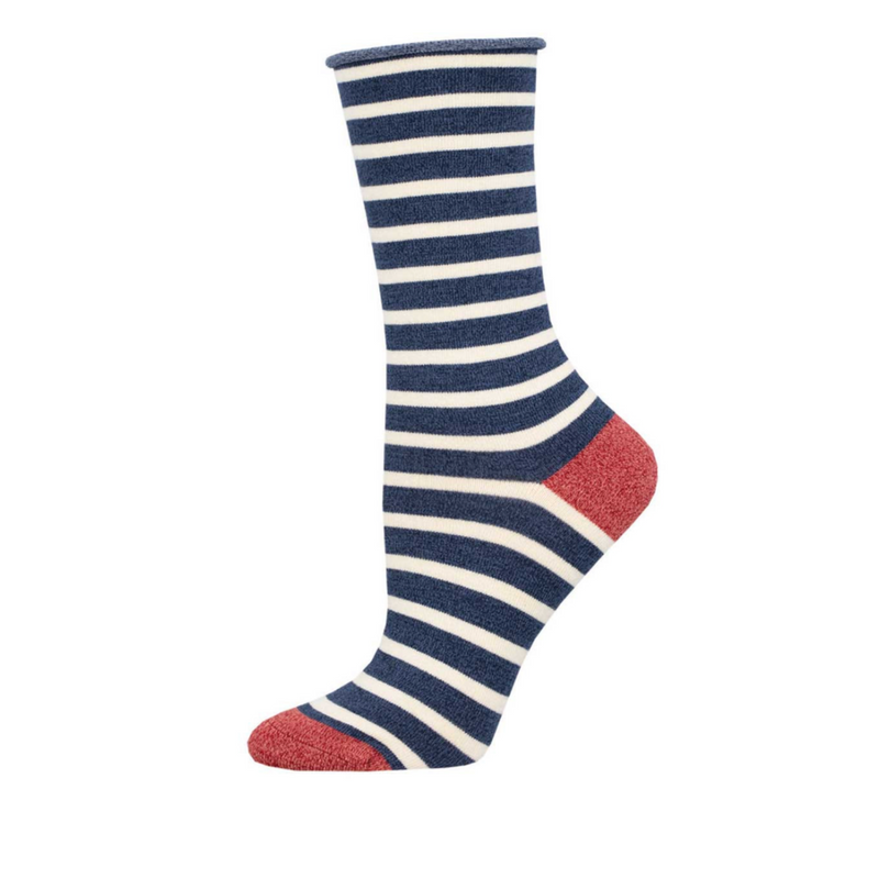 SockSmith Womens Bamboo Sailor Stripe Navy/Ivory Roll Top Socks