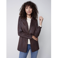 Charlie B Womens Vintage Texture Faux Suede Long Jacket- Chocolate