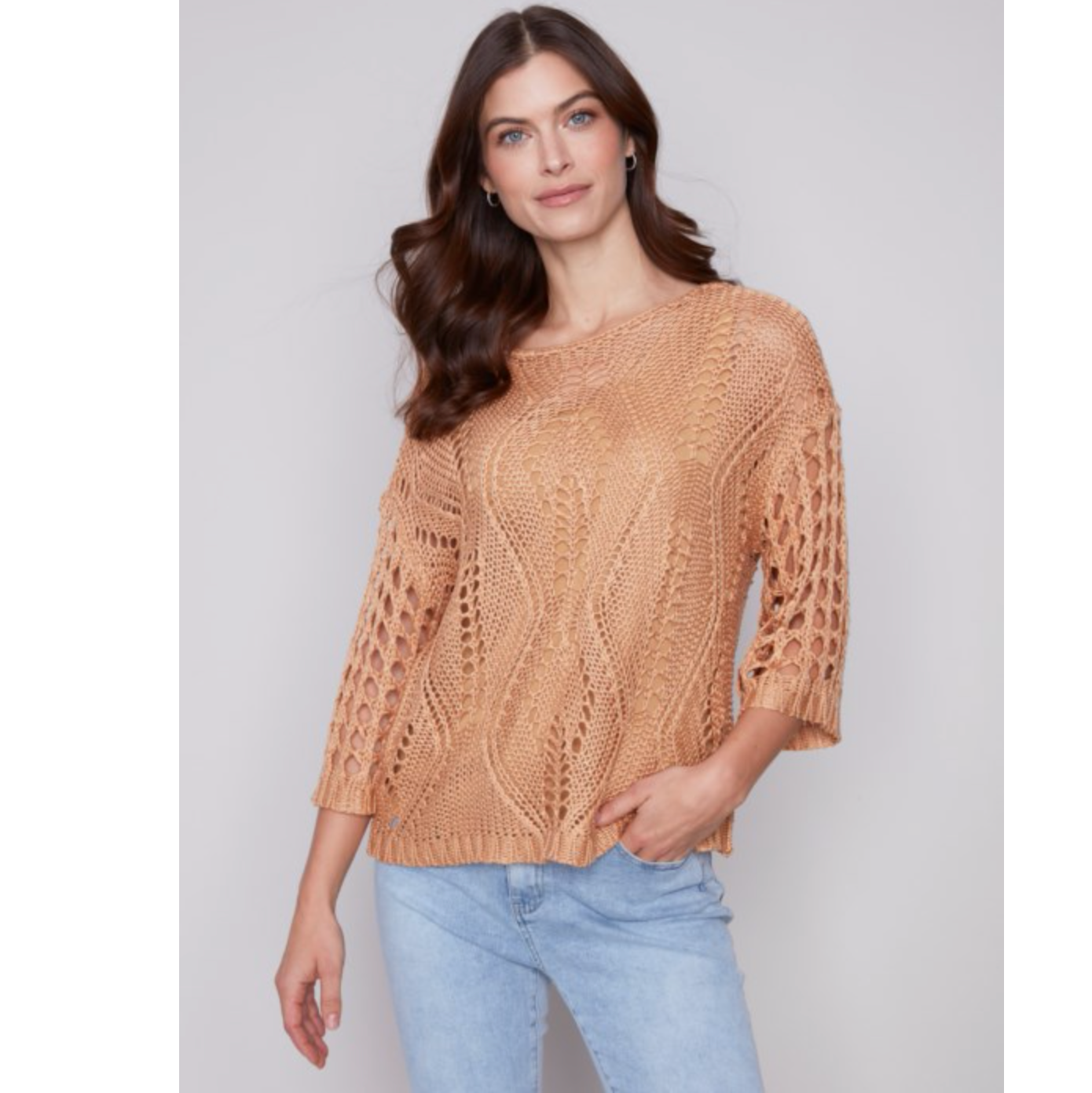 Charlie B Womens Crochet Dolman Boat Neck Sweater