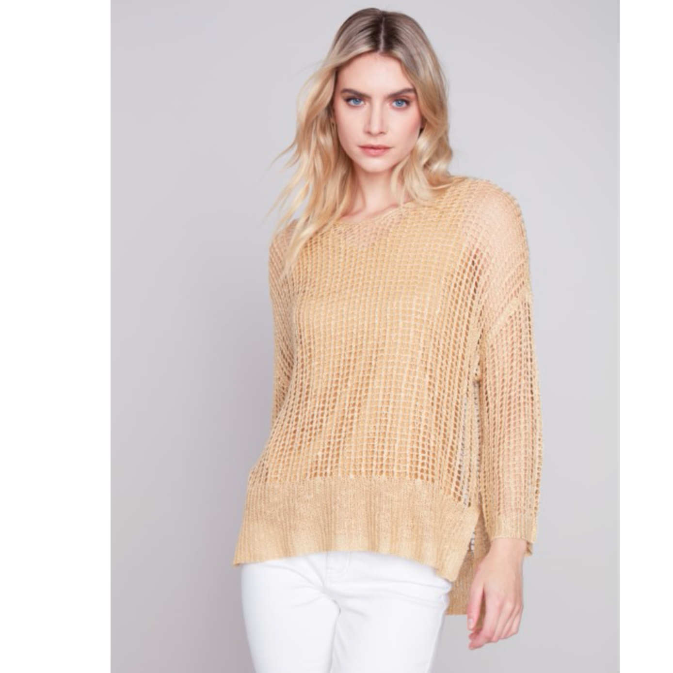 Charlie B Womens Fishnet Crochet Sweater