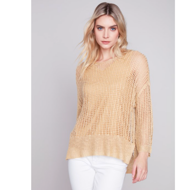 Charlie B Womens Fishnet Crochet Sweater