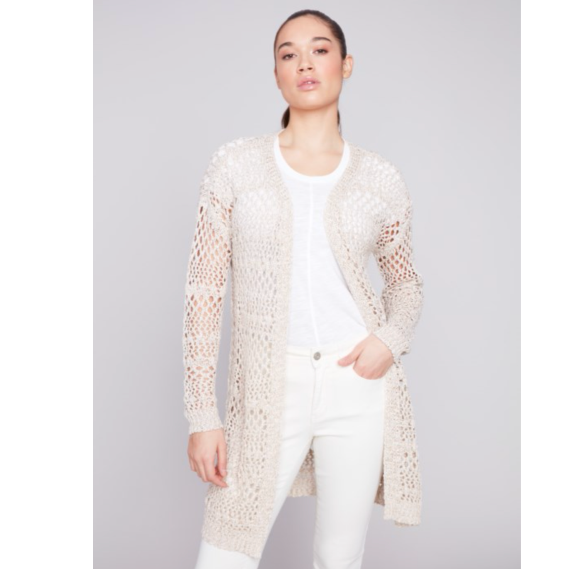 Charlie B Womens Long Knit Crochet Cardigan