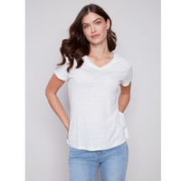 Charlie B Womens Linen V-Neck T-Shirt in Natural