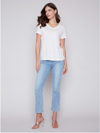 Charlie B Womens Linen V-Neck T-Shirt in Natural