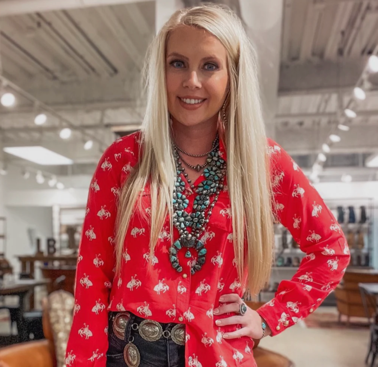 RRR Womens Red/White Western Yoke 2 Pocket Horse Print Shirt - Bob's Outdoor