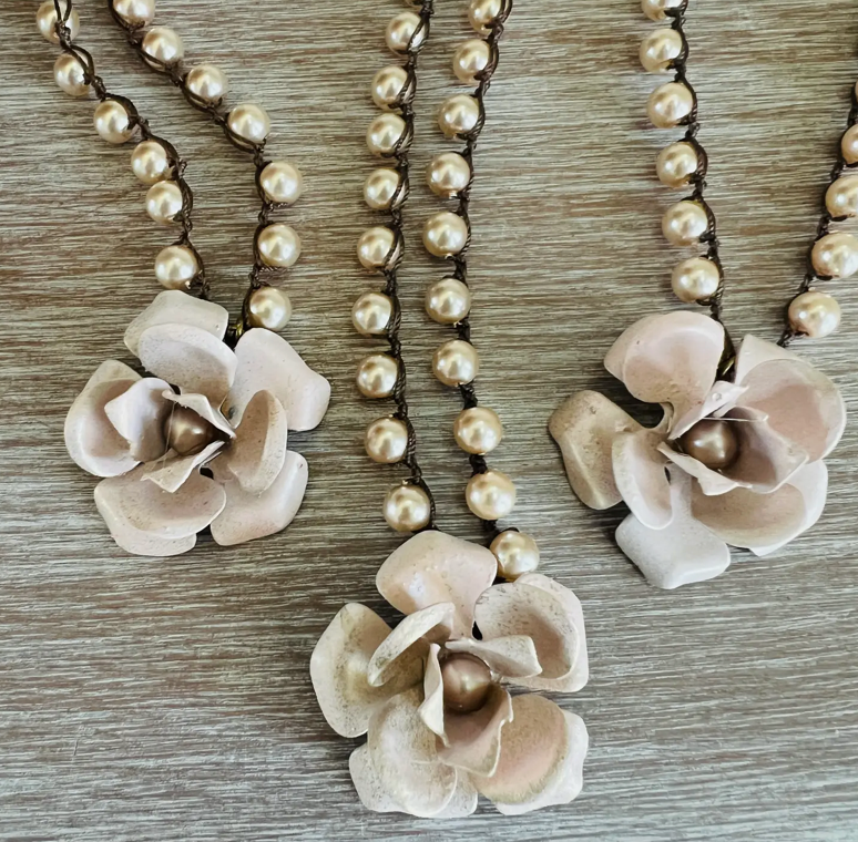 Twist Style Blush Pink Hand Painted Flower Necklace with Glass Pearls