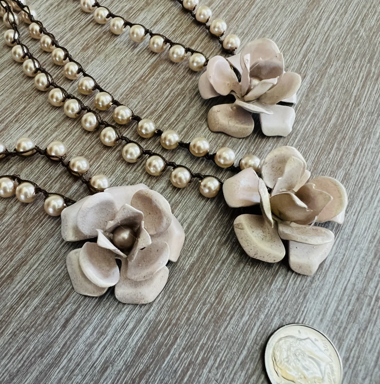 Twist Style Blush Pink Hand Painted Flower Necklace with Glass Pearls