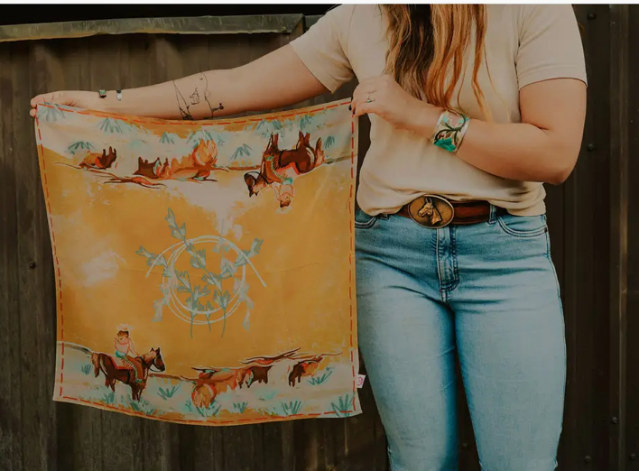Tirzah Lane Art Tencel and Silk Scarf - Longhorn Open Range Cowgirl Western