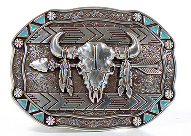 Nocona Arrow Skull Feather Belt Buckle