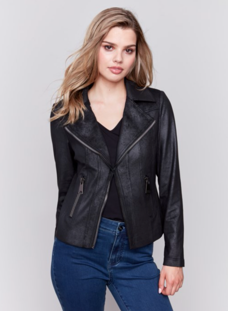 Charlie B Womens Faux Leather Perfecto Jacket - Black