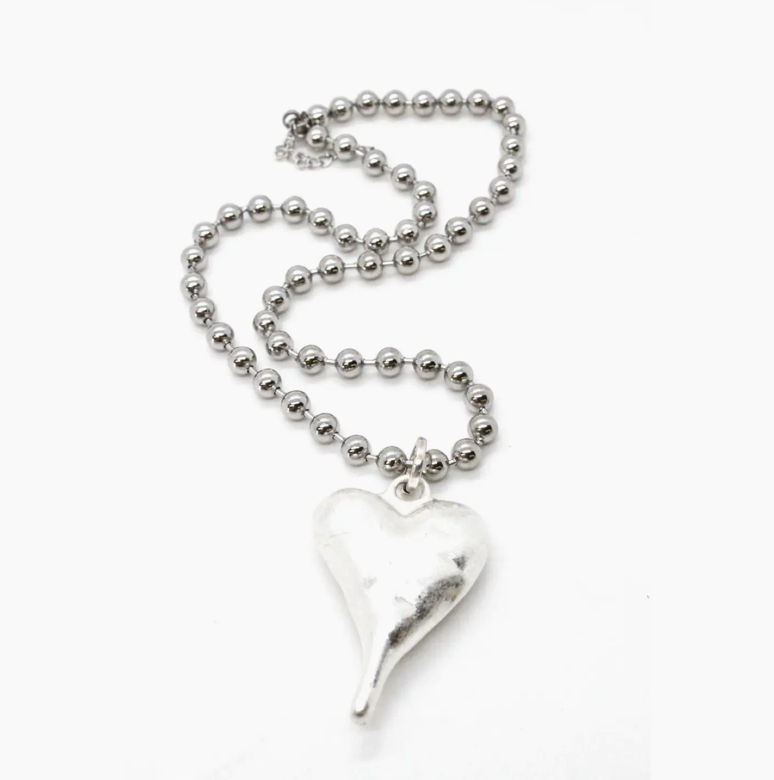 Lizou Single Silver Ball Chain Heart Necklace - Chunky Heart