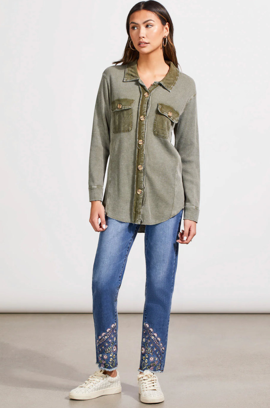 Tribal Womens Vintage Wash Cotton Button-Up Shacket - Clover Leaf