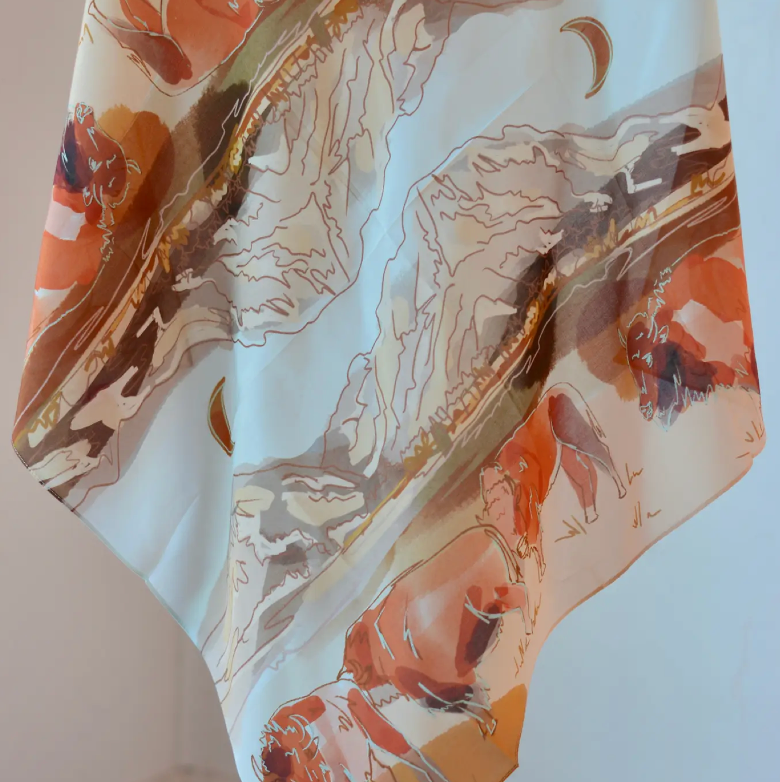 Tirzah Lane Art Tencel and Silk Scarf - Bison and Mountain Range Western
