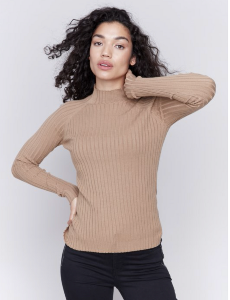 Charlie B Womens Mock Neck Ribbed Fine Knit Sweater