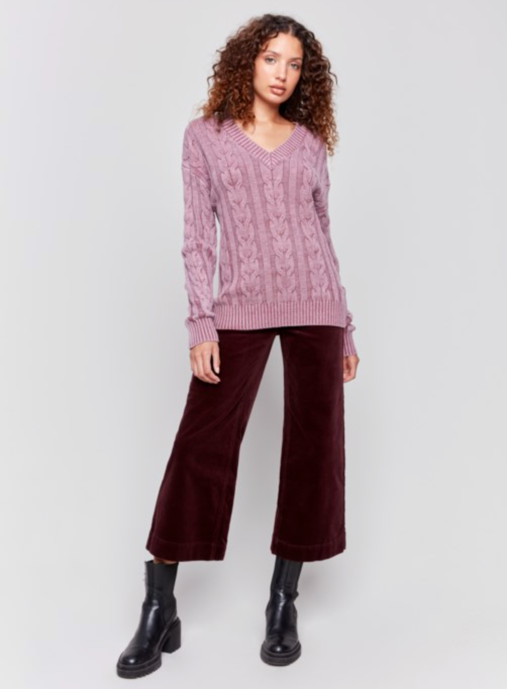 Charlie B Womens Cold Dye Cable Knit Sweater - Cabernet