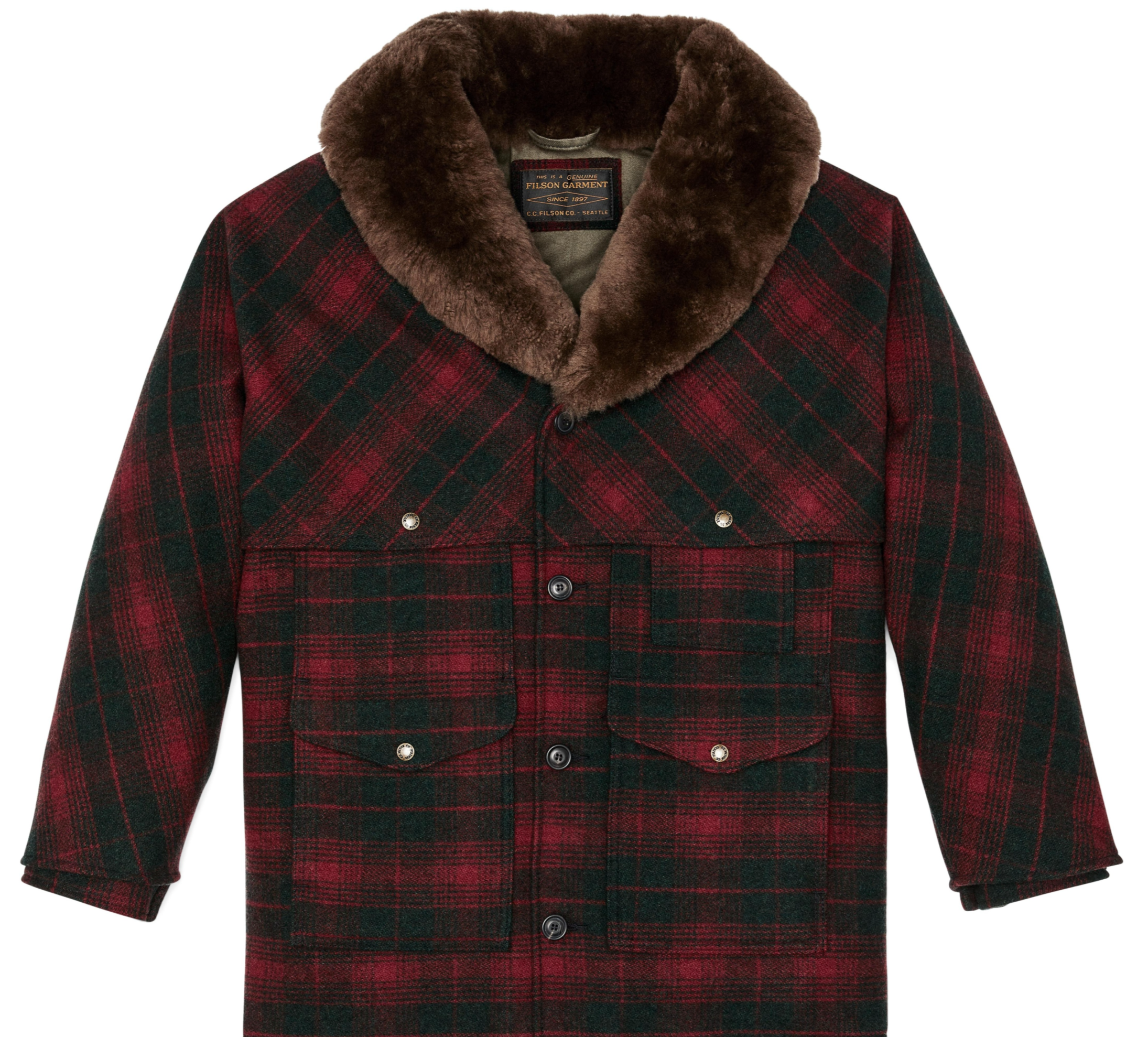 Filson Mens Lined Mackinaw Wool Packer Coat - Burgundy Dark Olive Plaid