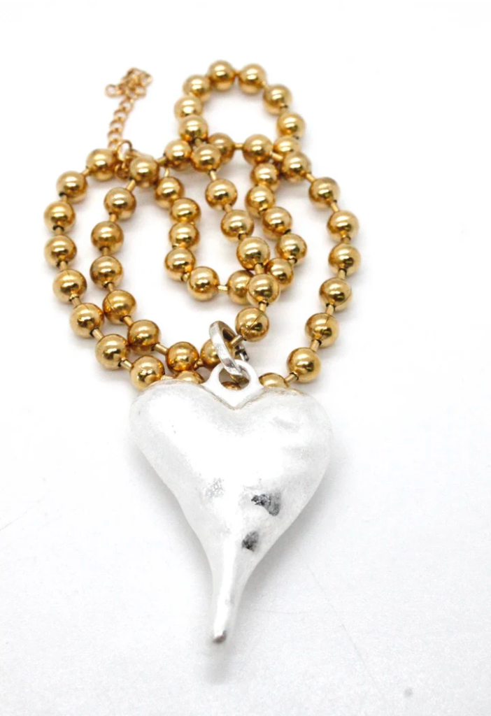 Lizou Single Gold Ball Chain Heart Necklace - Chunky Silver Heart