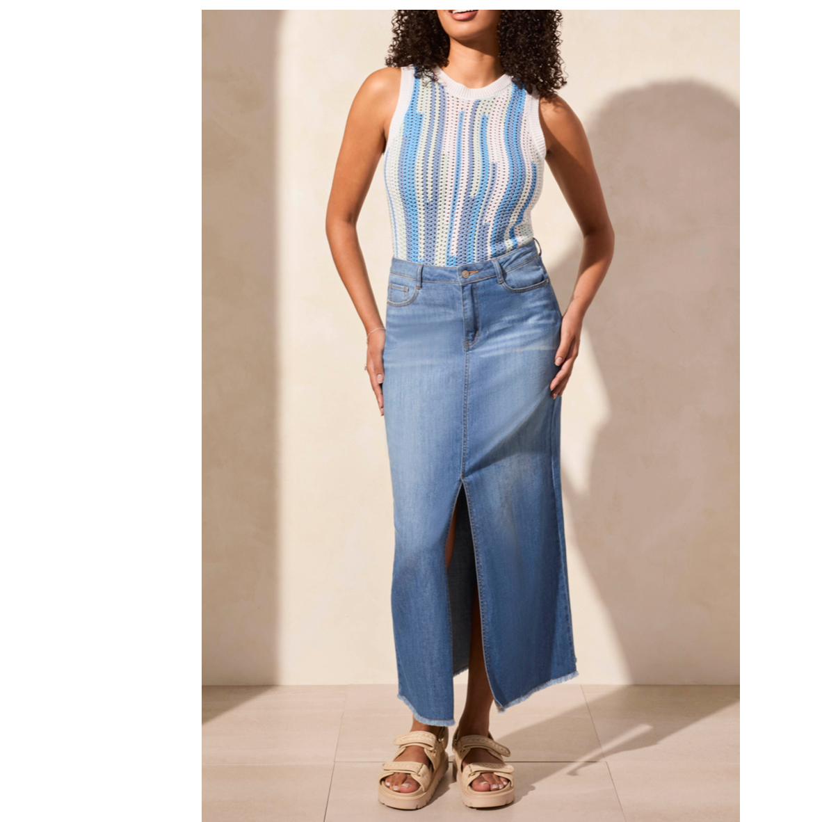 Tribal Full Length Slit-Accent Denim Skirt