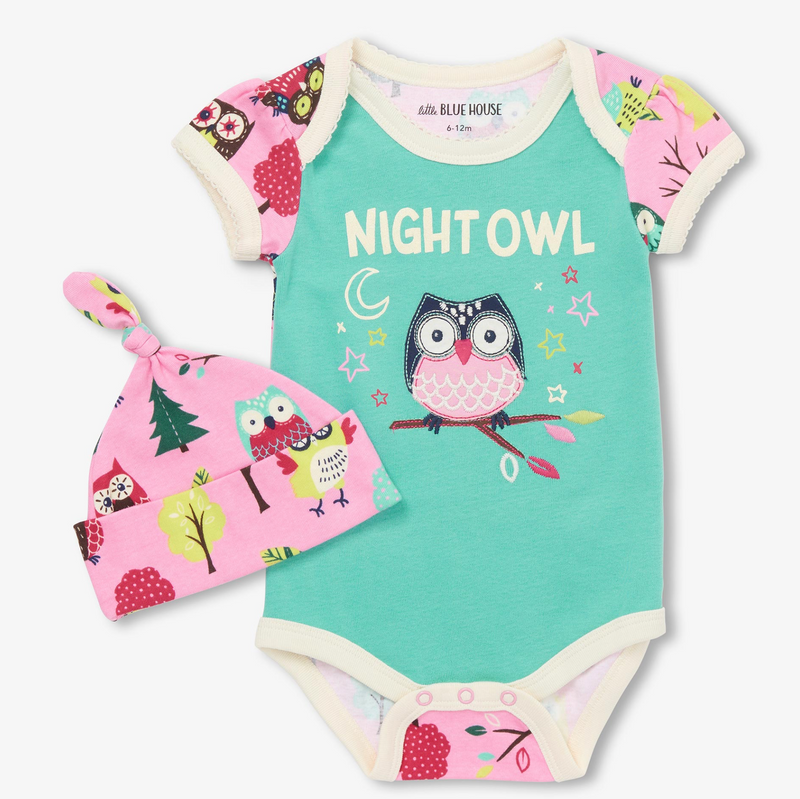 Little Blue House Baby Night Owl Bodysuit with Cap