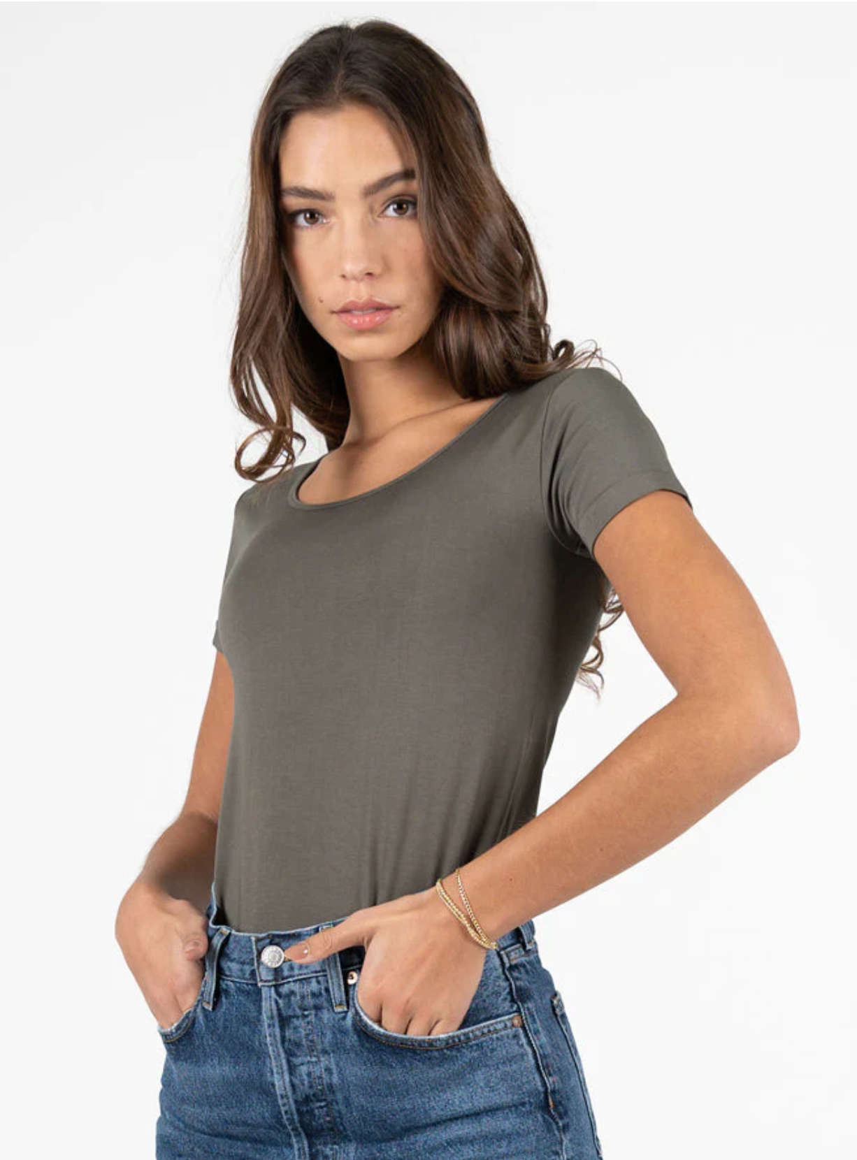 C'est Moi Womens Bamboo Short Sleeve Scoop Neck Top - Olive