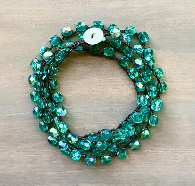 Twist Style Shimmering Aqua Crystal Long Strand Necklace