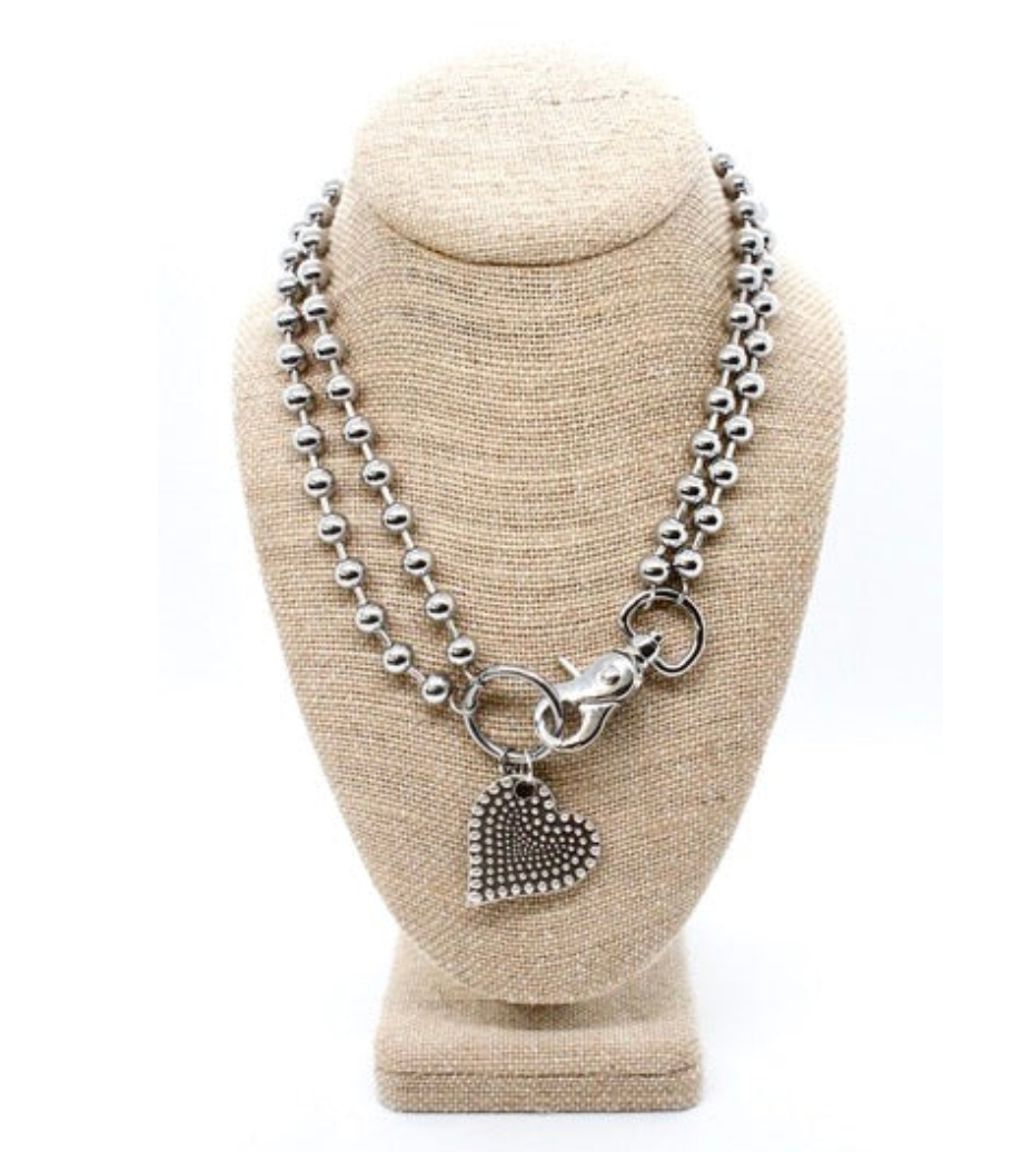 Lizou Silver Convertible Double Strand Dotted Heart Pendant Necklace