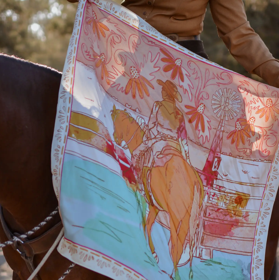 Tirzah Lane Art Mulberry Silk Scarf - Western Arena and Floral Horse Cowgirl