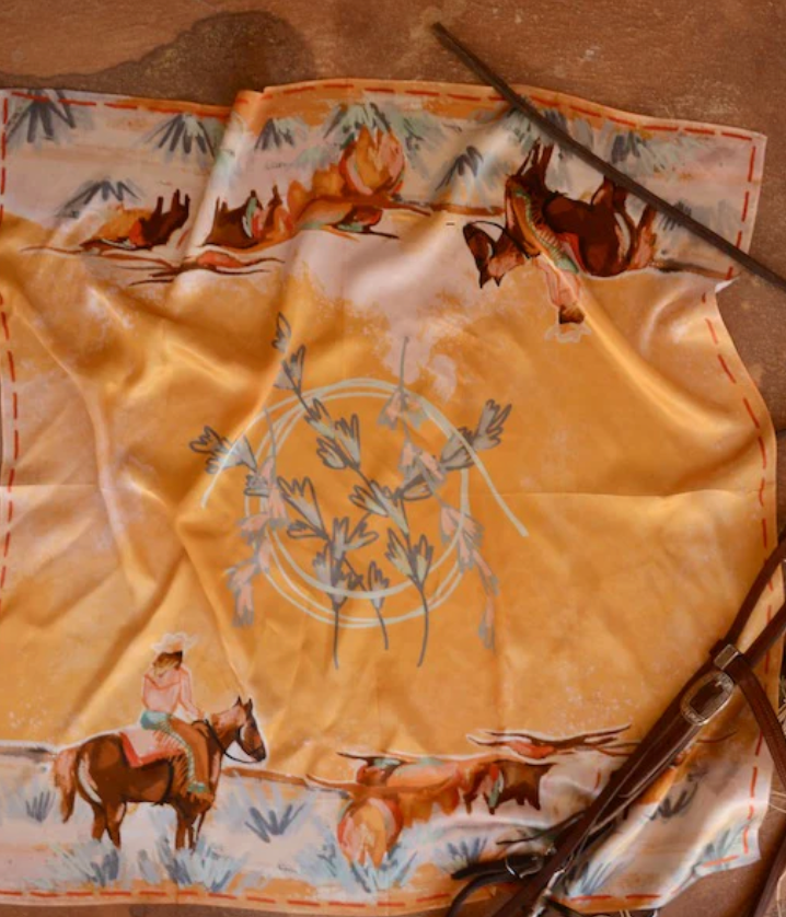 Tirzah Lane Art Mulberry Silk Scarf - Longhorn Open Range Cowgirl Western