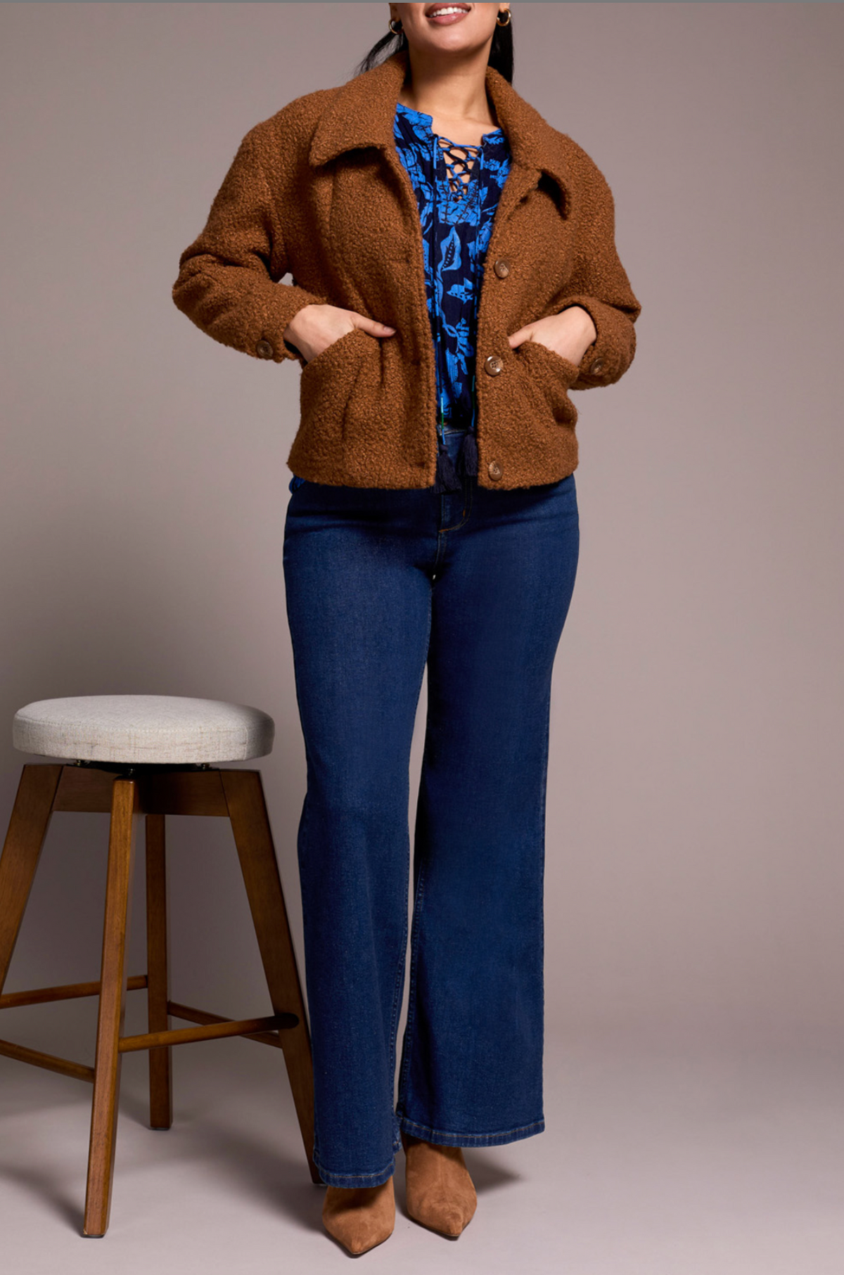 Tribal Womens Button Front Boucle Jacket