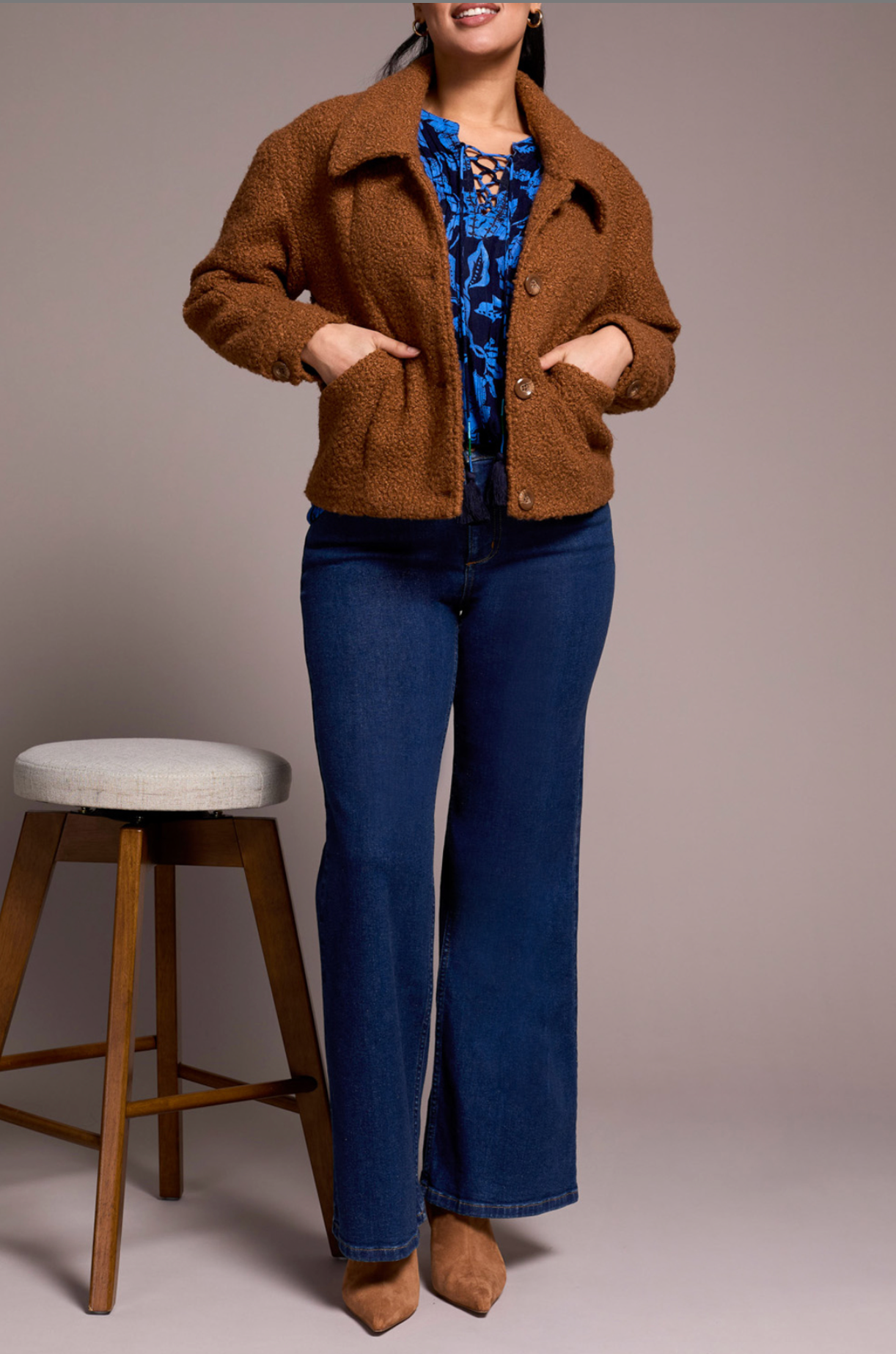 Tribal Womens Button Front Boucle Jacket