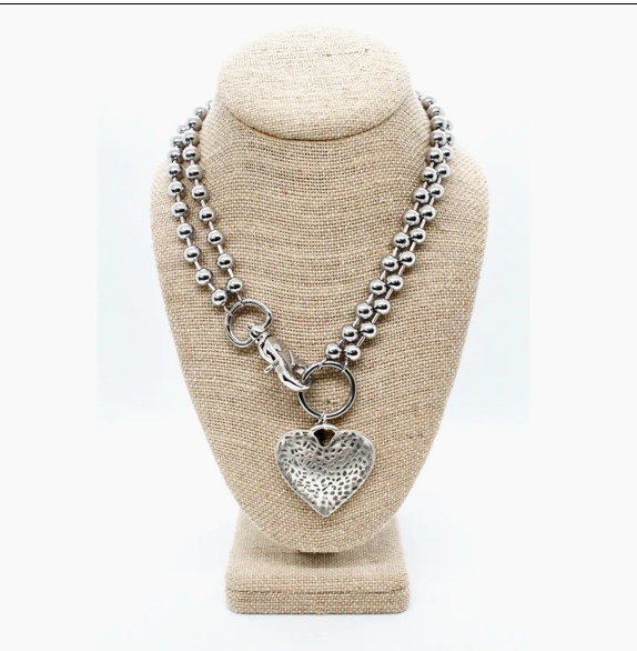 Lizou Silver Convertible Double Strand Vintage Heart Pendant Necklace