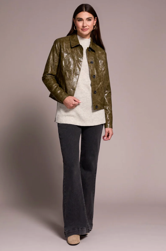 Tribal Womens Faux Leather Button Front Collar Jacket