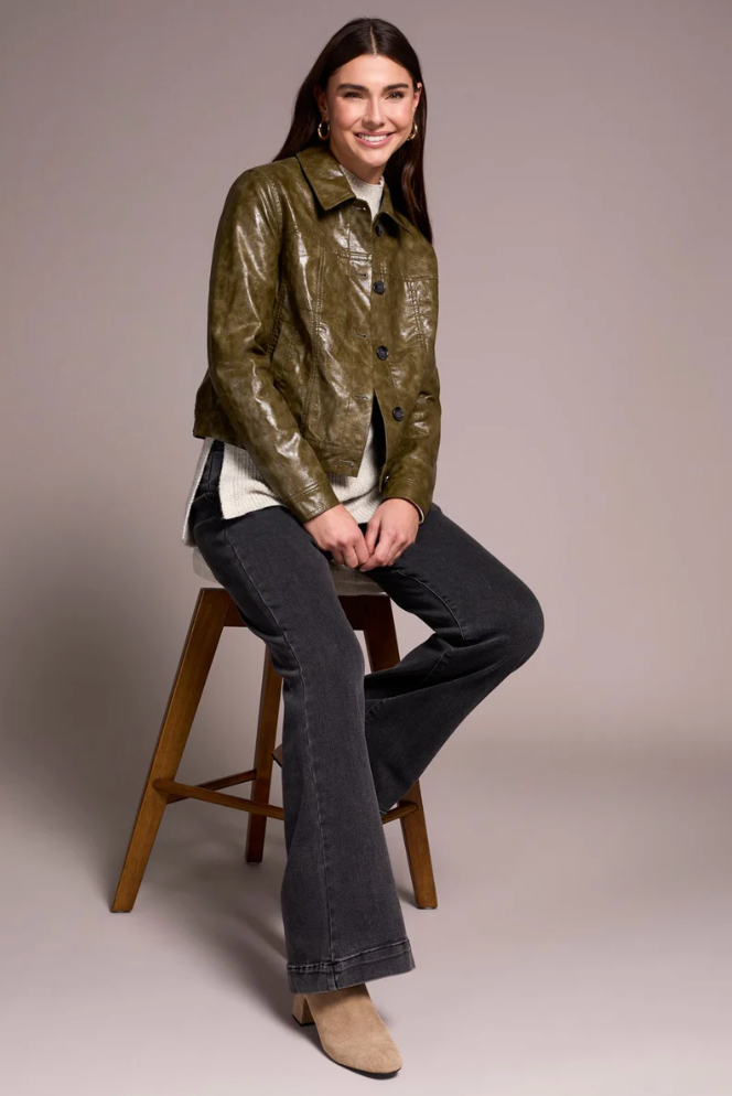 Tribal Womens Faux Leather Button Front Collar Jacket
