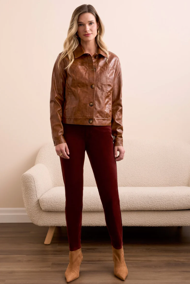 Tribal Womens Faux Leather Button Front Collar Jacket